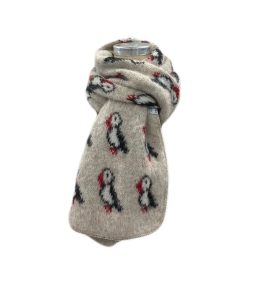 Puffin scarf beige, beige coloured scarf with puffin motif