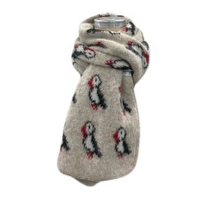 Puffin scarf beige, beige coloured scarf with puffin motif