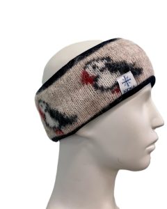 beige puffin headband made from Icelandic wool, beige headband with black fleecelining and puffin motif,