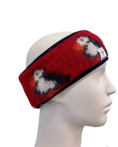 red puffin headband, red headband with puffin motif and black fleecelining