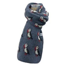 Blue puffin scarf made from Icelandic wool, blue scarf with puffin motif