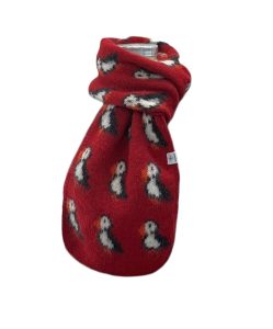 Red puffin scarf, red wool scarf with puffin motif