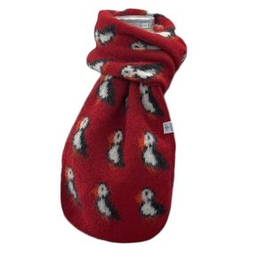 Red puffin scarf, red wool scarf with puffin motif