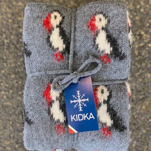 blue puffin baby blanket made form Icelandic wool, blue blanket with puffin motif