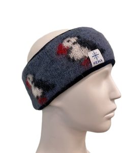 blue puffin headband made from Icelandic wool with black fleece lining