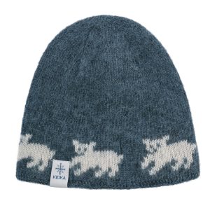 "Bangsi" polar bear hat, light blue hat with white polar bears made from Icelandic wool