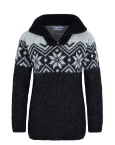 "Bakki" half-zip sweater. Black troyer with white pattern and fleece-lined neckline. Made from Icelandic wool