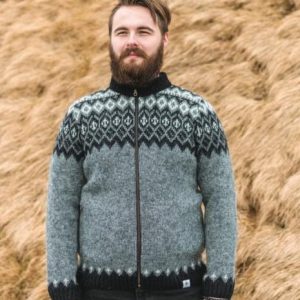 Þing classic cardigan with Icelandic knitting pattern, made from Icelandic wool, made in Iceland