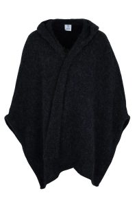 A grey woolen shawl with a hood, open in the front