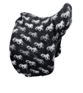 "Fákur" saddlecover black with horses in gray and white. Made from icelandic wool 