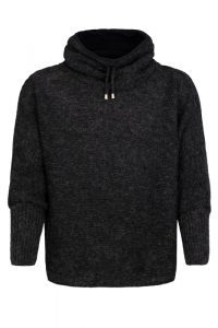 "Blær" short poncho black, Short black poncho with sleeves, a high, fleecelined collar, featuring black drawstrings with metal tips.