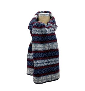 "Lækur" scarf red and blue, patterned scarf with red and blue and white nordic pattern made from Icelandic wool