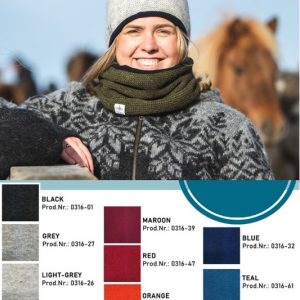 "Skjól" green neckwarmer, made from Icelandic wool, lined with black fleece