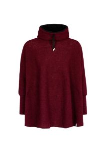 poncho with sleeves, a high, fleecelined collar, featuring black drawstrings with metal tips.