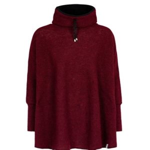 maroon poncho with sleeves, a high, fleecelined collar, featuring black drawstrings with metal tips, wool poncho