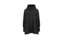 black poncho with sleeves, a high, fleecelined collar, featuring black drawstrings with metal tips.