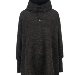 black poncho with sleeves, a high, fleecelined collar, featuring black drawstrings with metal tips, wool poncho