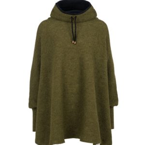 green poncho with sleeves, a high, fleecelined collar, featuring black drawstrings with metal tips.