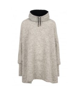 grey poncho with sleeves, a high, fleecelined collar, featuring black drawstrings with metal tips.
