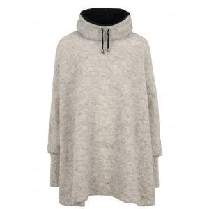 grey poncho with sleeves, a high, fleecelined collar, featuring black drawstrings with metal tips.