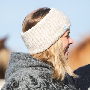 "Mjúkur" beige headband, lined with white fleece made from Icelandic wool
