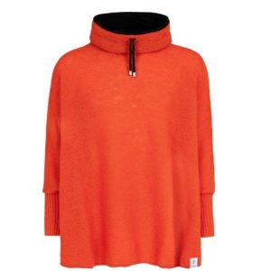 orange poncho with sleeves, a high, fleecelined collar, featuring black drawstrings with metal tips.