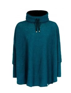 teal poncho with sleeves, a high, fleecelined collar, featuring black drawstrings with metal tips.
