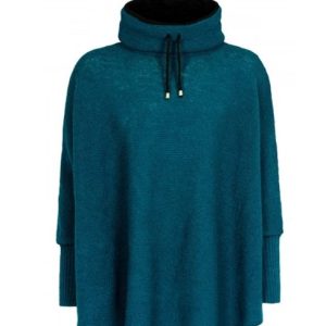 teal poncho with sleeves, a high, fleecelined collar, featuring black drawstrings with metal tips.