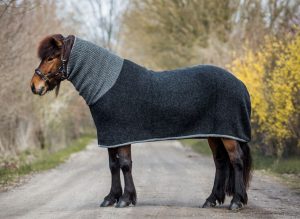 Turtleneck horse rug black/gray. Black horse rug with gray border and gray turtleneck. Made for Icelandic horses from Icelandic wool