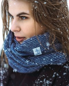 Blue loop scarf with lightgrey stripes made from Icelandic wool