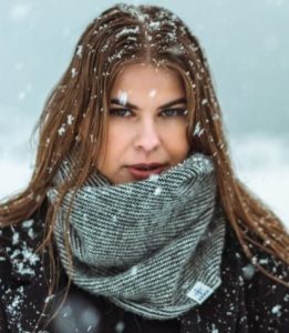 Black loop scarf with grey stripes made from Icelandic wool