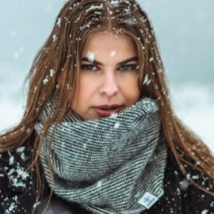 Black loop scarf with grey stripes made from Icelandic wool