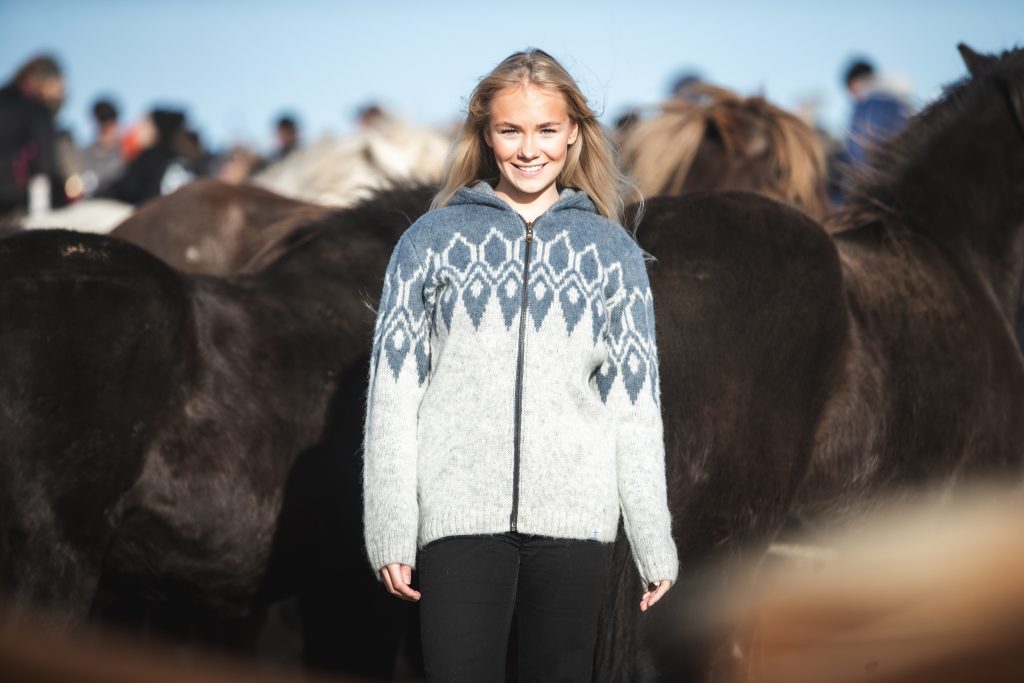 Light-blue and grey half-zip sweater made from Icelandic wool