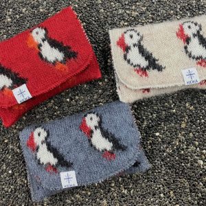 puffin pouch in blue, red and beige made from Icelandic wool