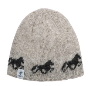 "Fákur" beige horse hat with dark brown horses made from Icelandic wool