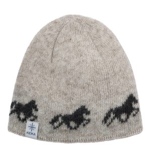 "Fákur" beige horse hat with dark brown horses made from Icelandic wool