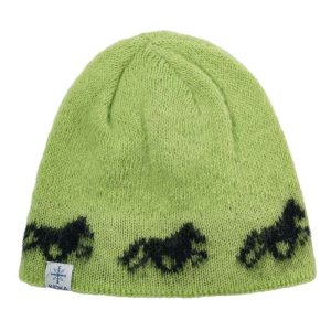 "Fákur" neon green horse hat with black horses made from Icelandic wool
