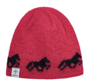 "Fákur" pink horses hat with black horses made from Icelandic wool