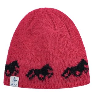 "Fákur" pink horses hat with black horses made from Icelandic wool