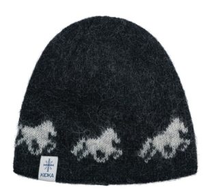 Black horse hat, black woolen hat with white Icelandic horses.