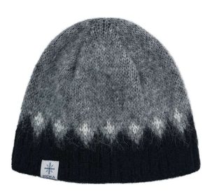 "Fjall" gray wool beanie with black earband and white subtle pattern made from Icelandic wool