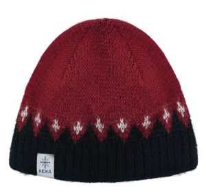 "Fjall" red wool beanie with black earband and subtle white pattern made from Icelandic wool
