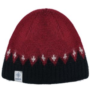 "Fjall" red wool beanie with black earband and subtle white pattern made from Icelandic wool