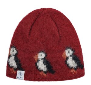 Red puffin hat from Icelandic wool