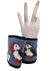 Blue puffin wrist warmers made from Icelandic wool, lined with black fleece