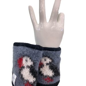 Blue puffin wrist warmers made from Icelandic wool, lined with black fleece