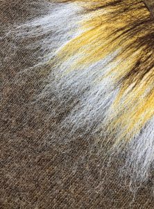 Earth sweater from Icelandic wool. Brown sweater with yellow and white felted applications. Made from Icelandic wool, made in Iceland