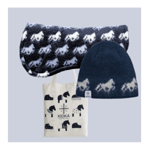 Warm blue woolen hat with horse motif Kidka Saddlepad in blue Free horse tote bag