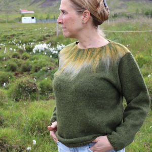 Icelandic Moss sweater from Icelandic wool. Moss green sweater with white and yellow felted applications. Made from Icelandic wool, made in Iceland