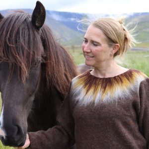 Earth sweater from Icelandic wool. Brown sweater with yellow and white felted applications. Made from Icelandic wool, made in Iceland